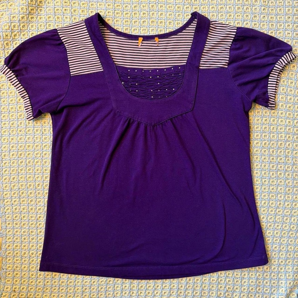 Purple Striped Sequin Babydoll Tee Puffed Cap Sleeve Twee Y2K Top Large XL